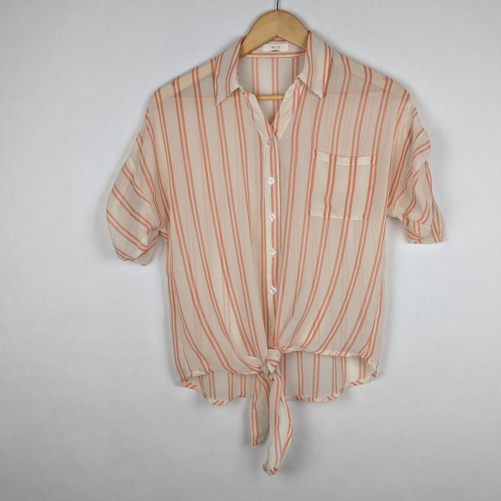 🎇MINE Striped Button Up Blouse Tie Short Sleeve S